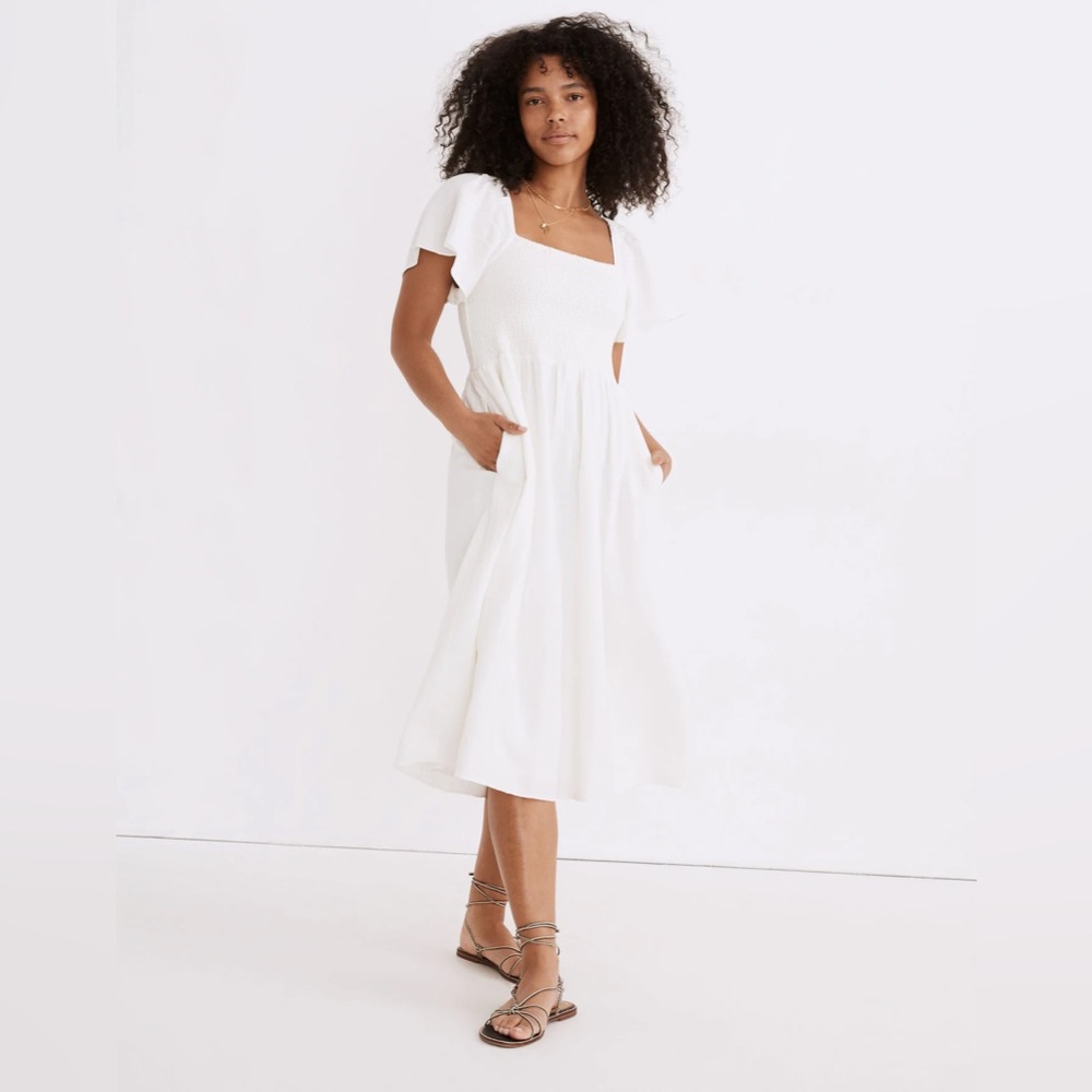 NWOT Madewell Linen-Blend Lucie Smocked Midi Dress